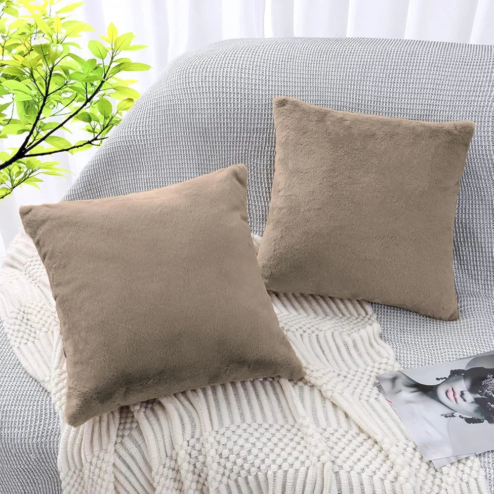 Luxe Home Cushion Cover 16 inch x 16 inch Duble Side Rabbit Fur Plain Design Covers Set of 2 for Sofa, Bedroom, livingroom